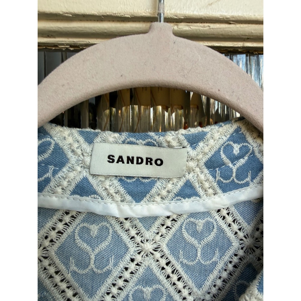 Sandro Blue White Heart Logo Jacquard Zip Front Pleated Mini Dress Size 38/M - Picture 6 of 13